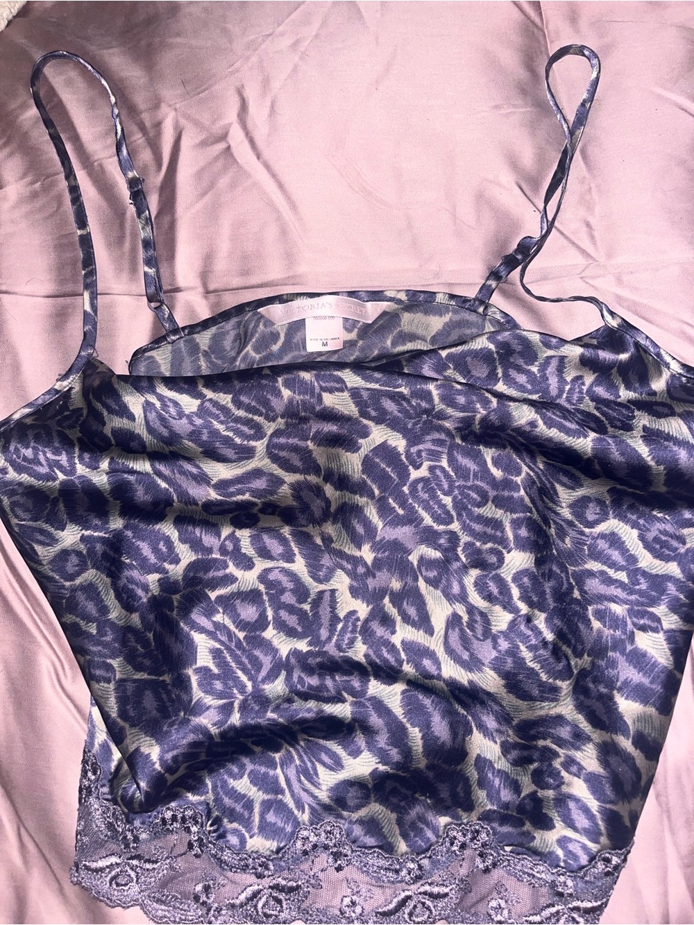 Victorias Secret Vintage Silky Lavender Animal Print Lace Trim Cami